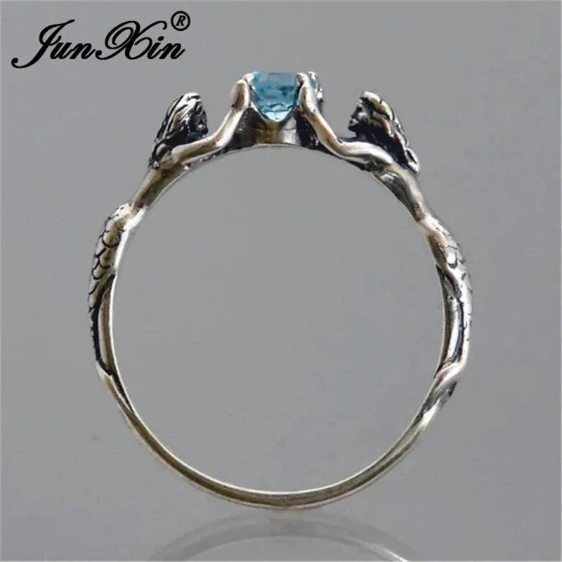 JUNXIN Antique 925 Silver Mermaid Rings For Women Round Aqua Blue Zircon Shell Pearl Beads Ring Female Birthstone Wedding Bands