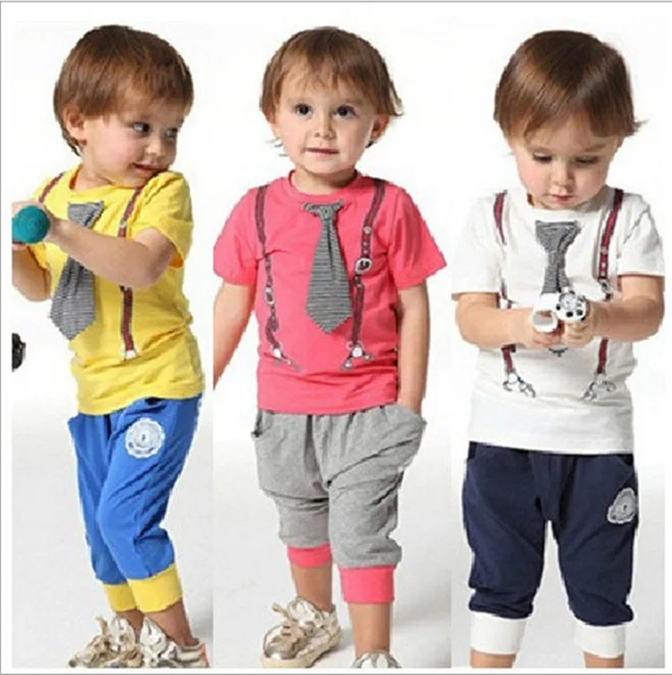 

Boy Summer Style Set Children's Tie Short Sleeve T-Shirt Pants 2 Piece Set Kid Baby Clothes