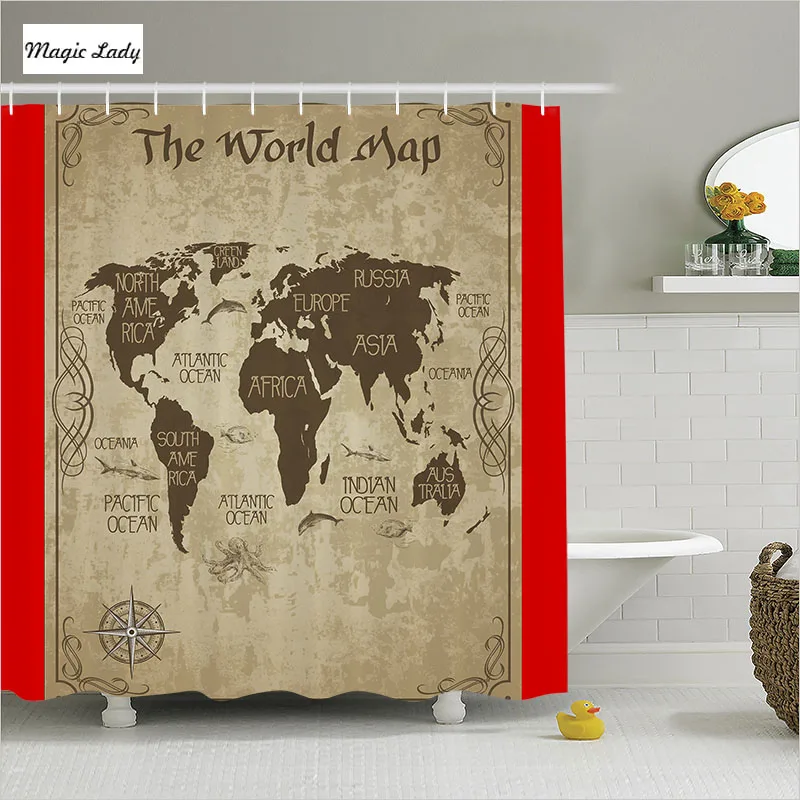 Shower Curtain World Map Bathroom Accessories Oceans Continents Vintage Travel Art Retro Decor Brown | Дом и сад