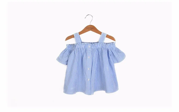 blue striped baby teenage girls shirts princess off shoulder loose cute teenage shirts Korean style spring summer autumn tops (15) - 