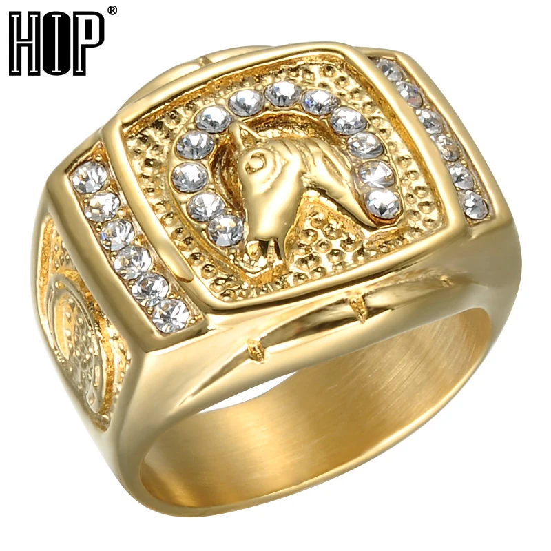 HIP Hop Micro Pave Rhinestone Iced Out Bling Horse Ring IP Gold Filled Titanium Stainless Steel Rings for Men and Women Jewelry