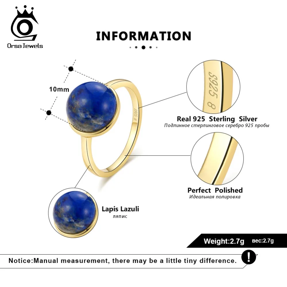 ORSA JEWELS Authentic 925 Sterling Silver Women Rings Simple Design Natural Lapis Lazuli Anniversary Ring Fashion Jewelry SR69-L
