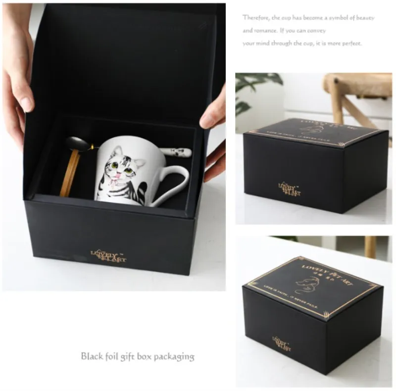 Gift Box Американский короткошерстная кошка керамические кружки Милые Чашки с животными студент Пара кружка молока офиса и Семья Кофе Чай чашка с крышкой - Цвет: Gift Box