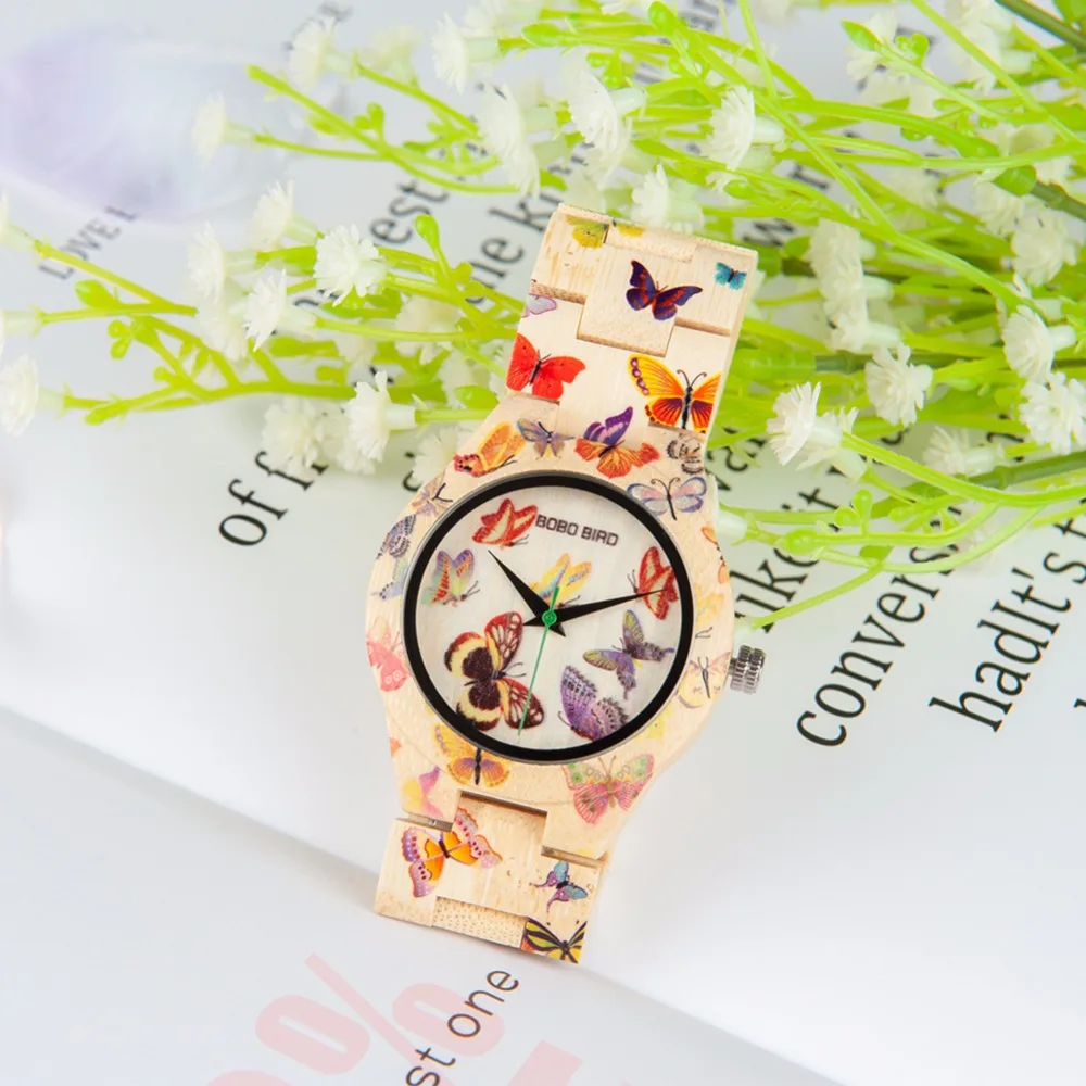 Бобо птица бамбук для женщин часы кварцевые Леди horloges vrouwen бабочка часы женские часы логотип с деревянным чехлом