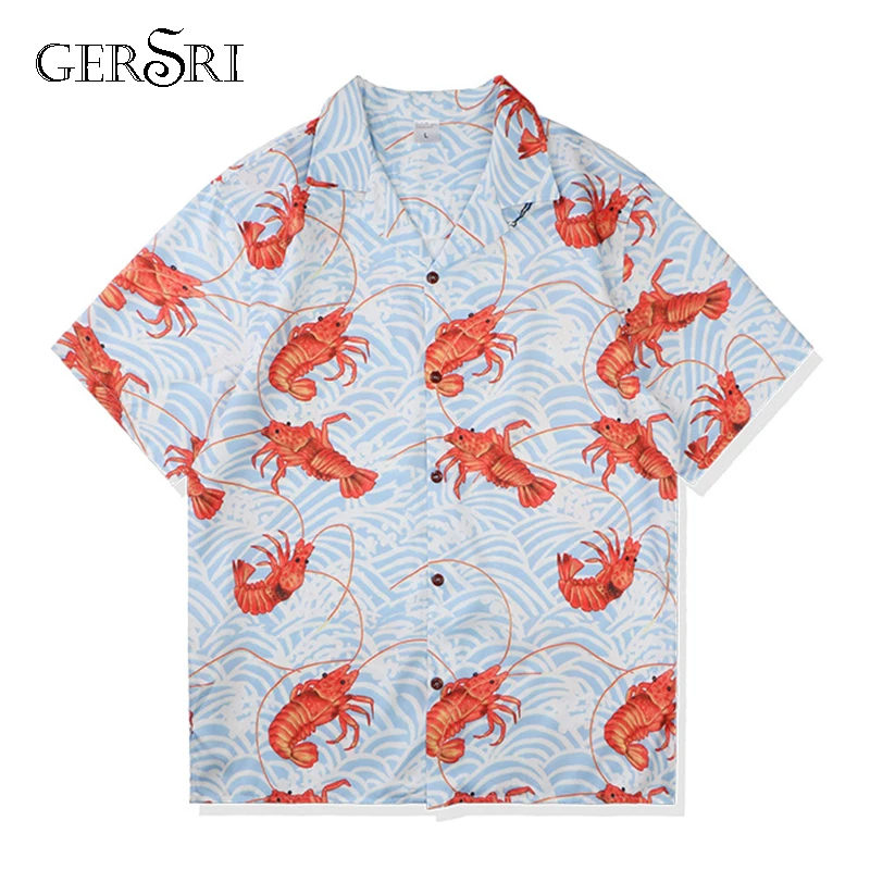 

Gersri Mens Hawaiian Shirt Male Casual Shrimp Printed Beach Shirts Short Sleeve Fashion Summer Men Shirt Holiday Shirt
