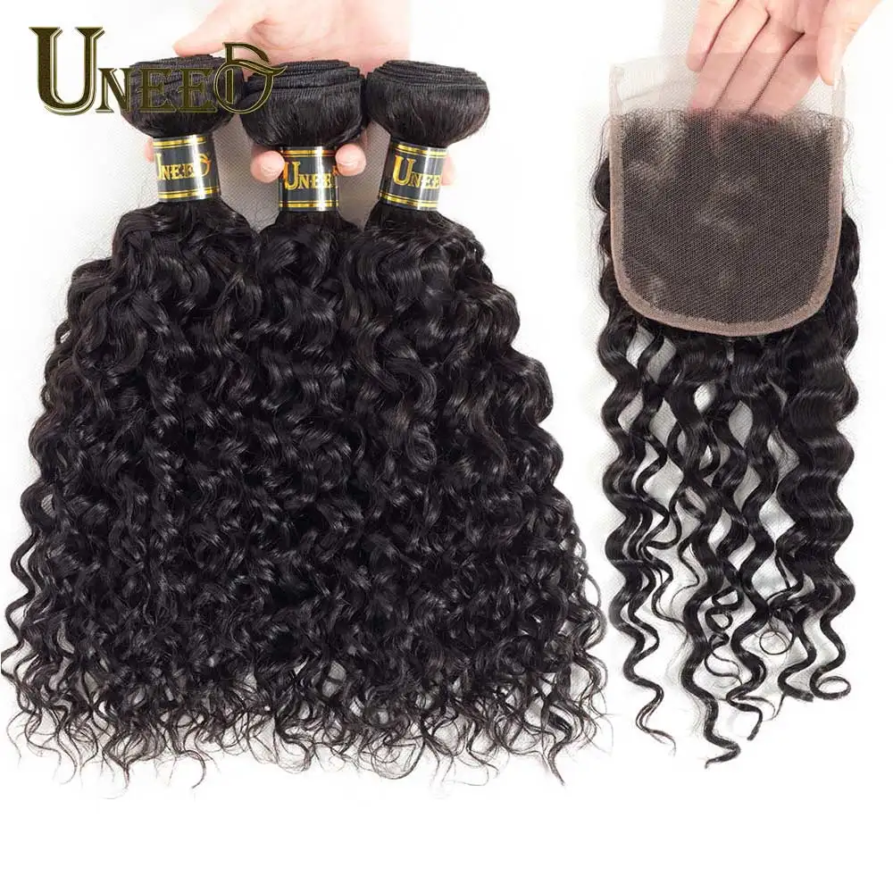 Uneed Brazilian Water Wave Bundles With Closure Human Hair 3 Bundles with Lace Closure 4\ Uneed Brazilian Water Wave Bundles With Closure Human Hair 3 Bundles with Lace Closure 4\