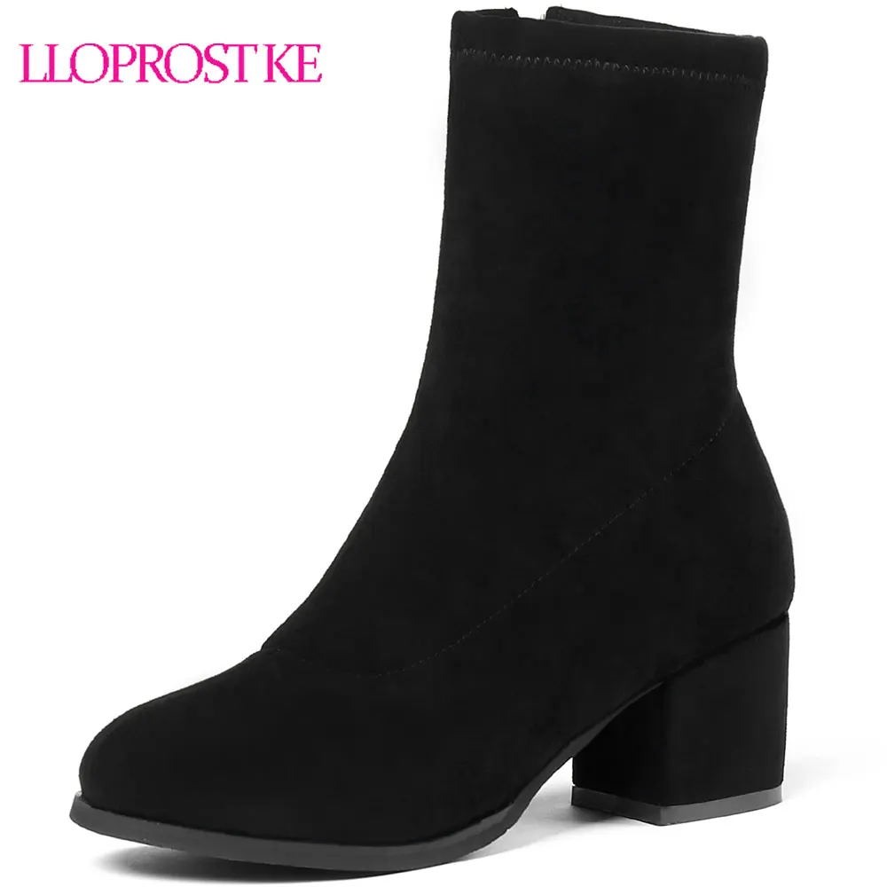 

Lloprost ke plus size 34-43 fashion Solid Elegant Boots Woman Shoes Thick High Heels Winter Shoes Woman Mid Calf Boots Female