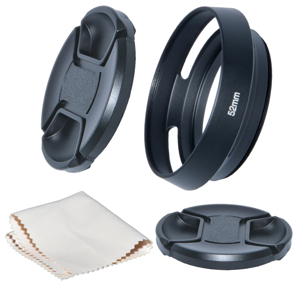 

Just Now 52mm Camera Tilted Vented Metal Lens Hood+Cleaning Cloth+2pcs Lens Cap for Standard Thread Lens for Nikon for Canon