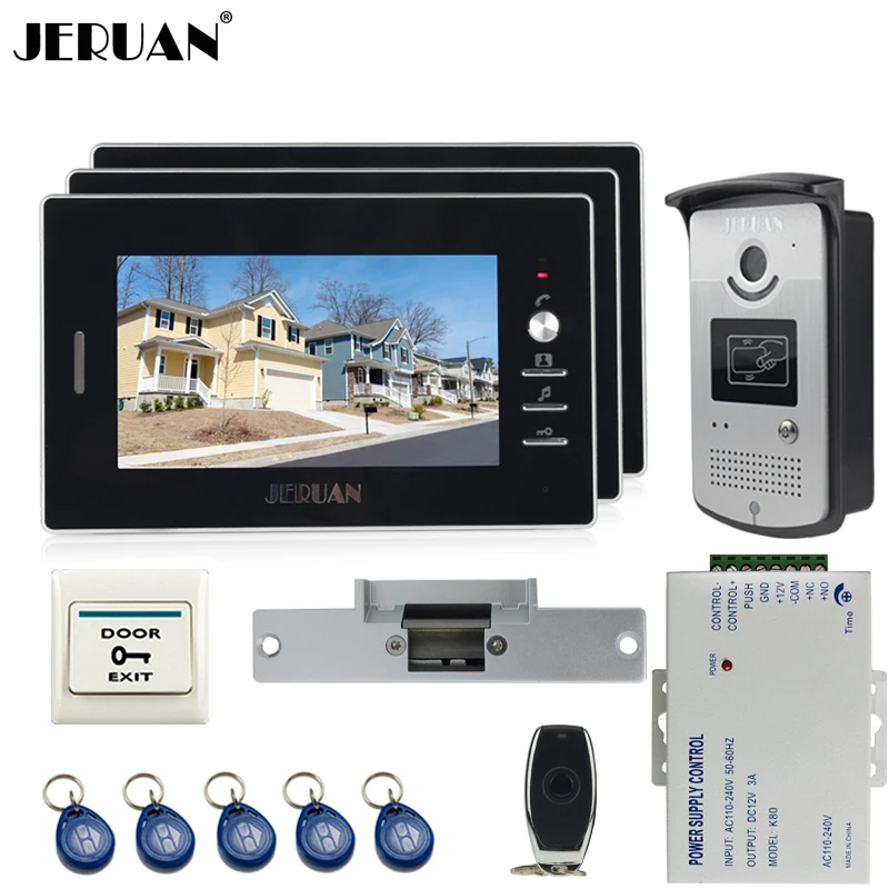 

JERUAN Wired 7`` TFT video door phone Entry intercom system kit 700TVL RFID IR Night Vision Camera 3 black monitor In stock