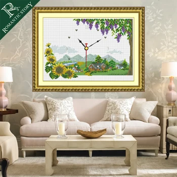 

Romantic Story Village Scenery Clock Watch Pattern Cross Stitch Set by Starter Kits Beginners Handmade DIY Needlework Embroidery