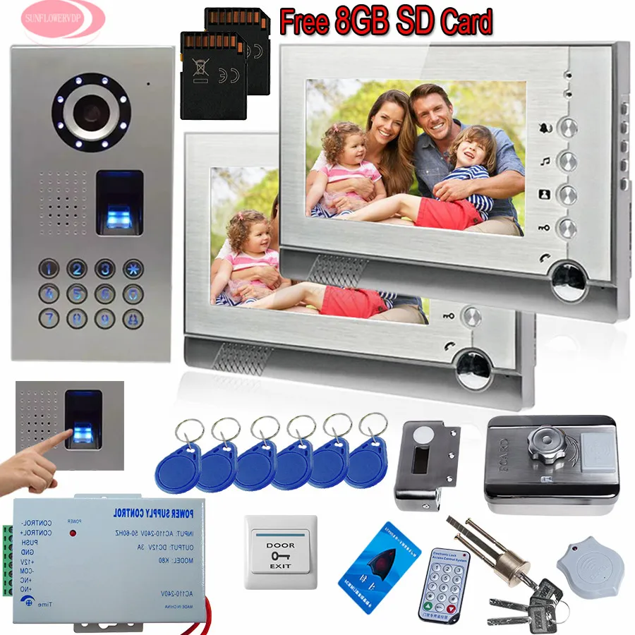 

SUNFLOWERVDP Video Intercom With Recording+8GB SD Card 7'' Door Bell intercom Fingerprint Unlock /Rfid Door Lock CCD Camera Kit