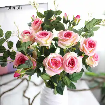 

8pcs 3 Heads Artificial Rose Flowers Branch Simulation Silk Roses Fake Flower for Home Wedding Decoration Vase Arrangement