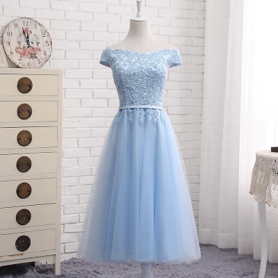 QNZL987#Off Shoulder Gauze gray lace up bridesmaid dresses new spring summer short Middle long style party prom dress girls - Цвет: Medium 115cm