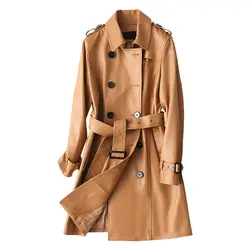 Из натуральной овчины кожаная куртка для женщин отложной воротник регулируемые пояса тонкая талия натуральная кожа пальто 2018 осень зима