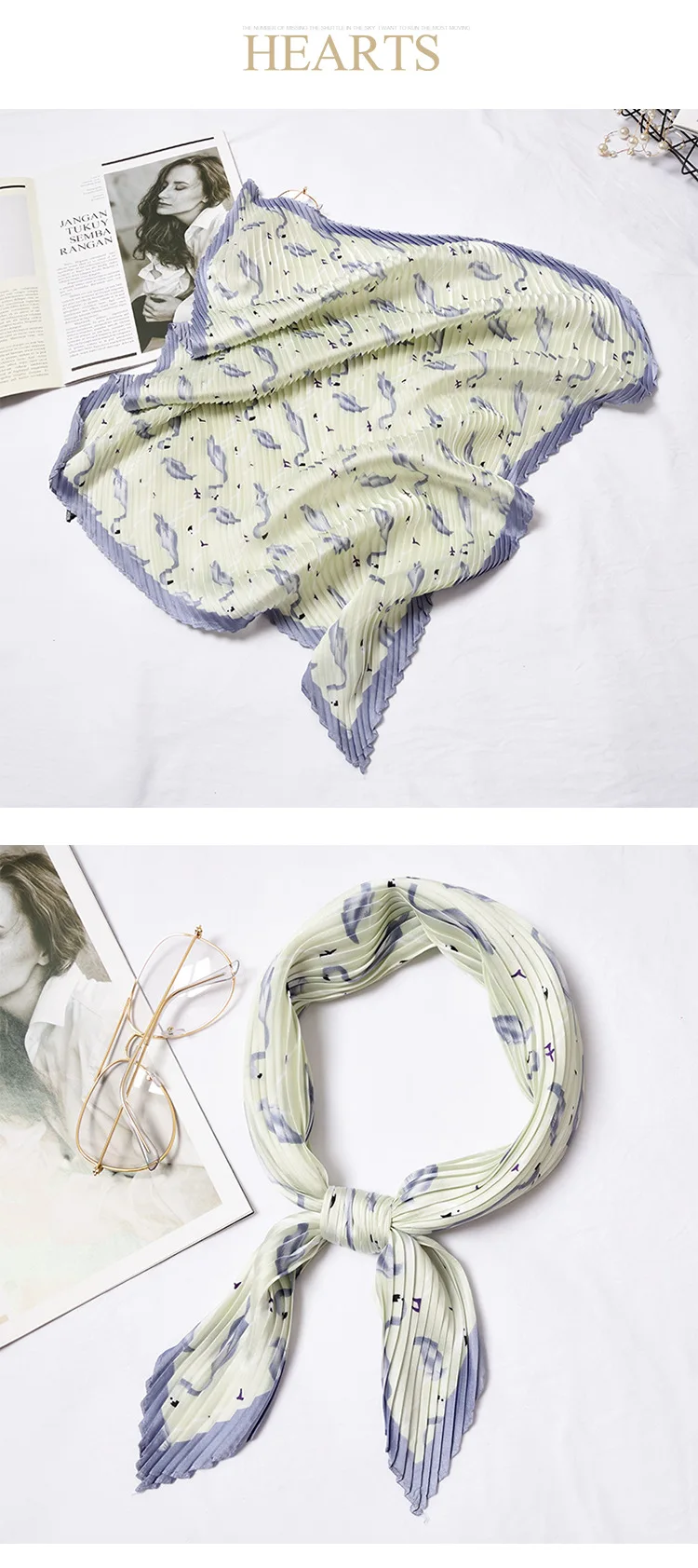 Сложенный плиссированный шелковый шарф, Изысканный Ретро Модный принт, украшение от морщин, солнцезащитный крем, дикое искусство, маленький квадратный шарф, размер 55*55 см