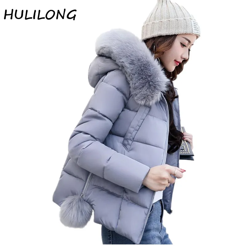 

HULILONG Winter Jacket Women Short Jacket 2017 New Girls Slim Large Fur Hooded Warm Parkas Coat Female Autumn Outerwear
