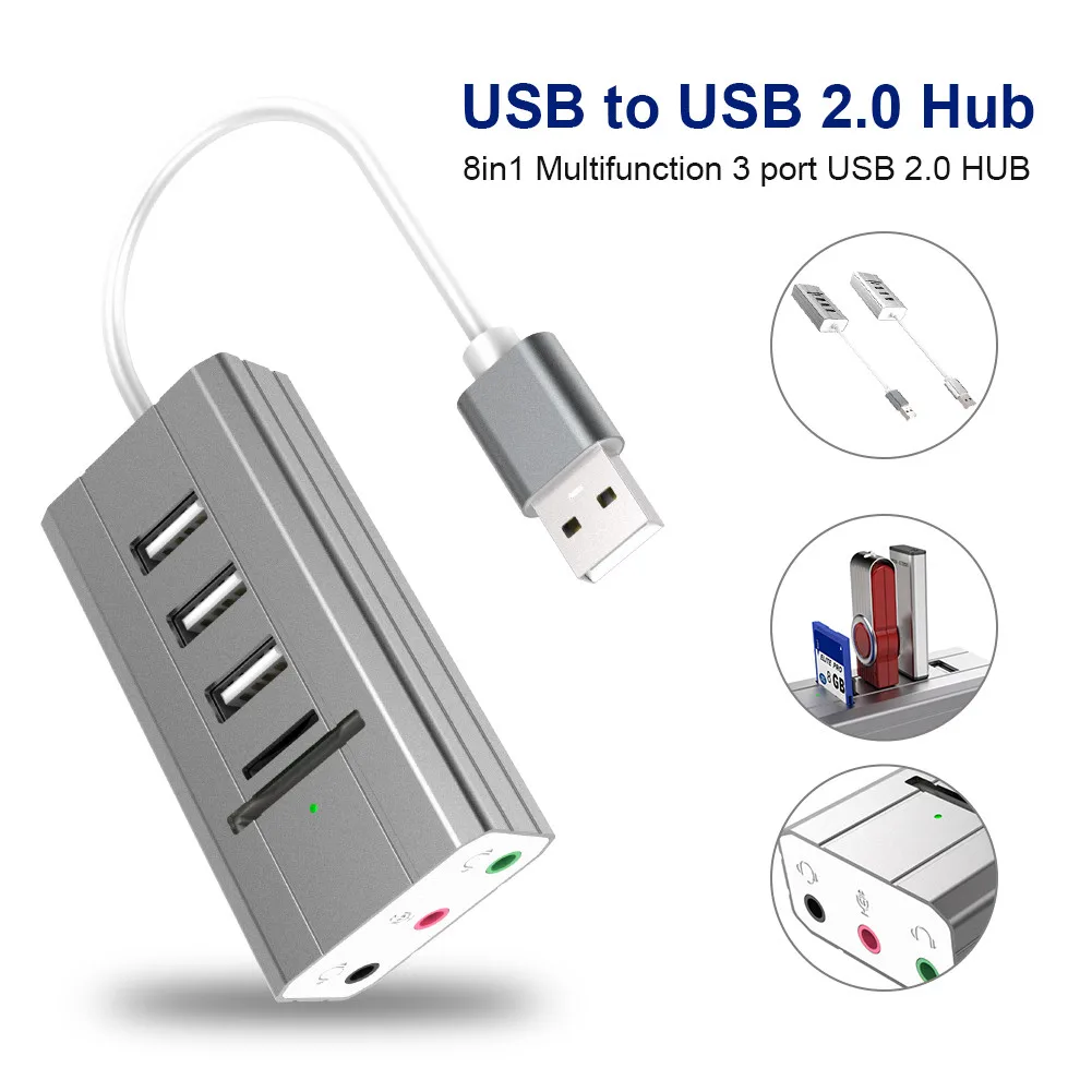 8 в 1 Многофункциональный 3 Порты USB 2,0 хаб с звуковая карта памяти SD Card Reader с 3 аудио Порты для портативных ПК