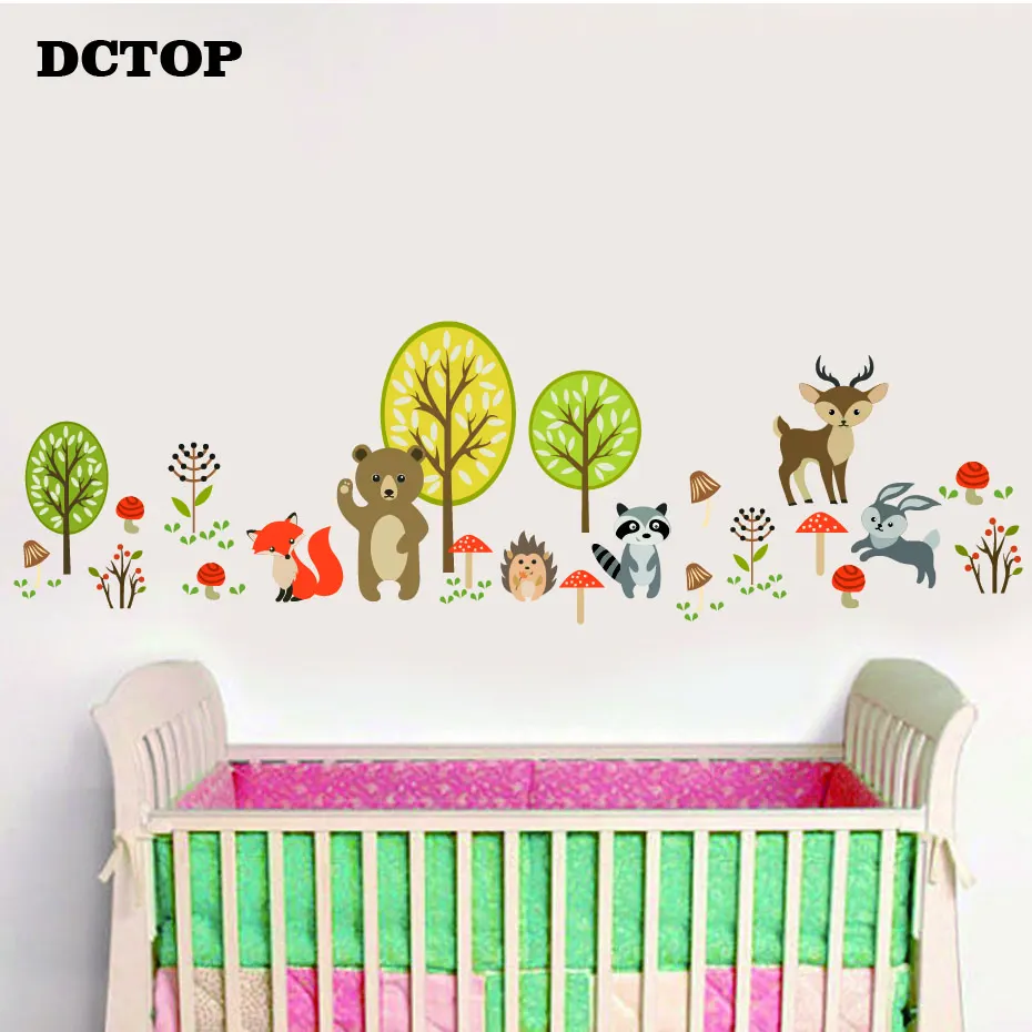 Cartoon Critters Animal Woodland Wall Stickers Forest Bear Deer Wildflower Decals Home Decor Children kids Room Art Vinyls Mural (5)