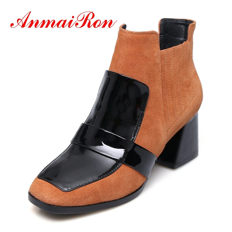

AnmaiRon botines mujer New fashion women square toe color mixed slip-on ankle boots Big size 34-43 ZYL1246
