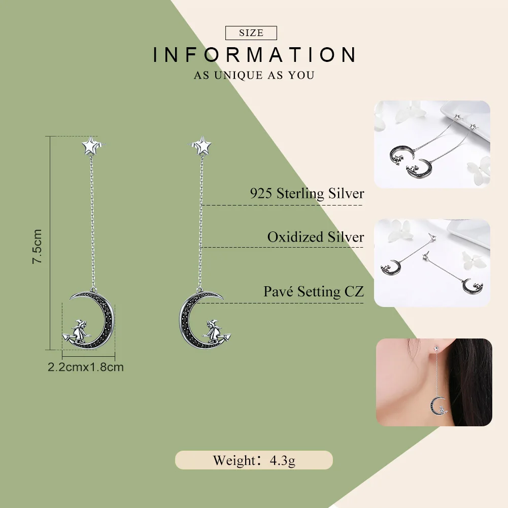 BAMOER Real 925 Sterling Silver Magic Witch in Moon Star Black CZ Long Drop Earrings for Women Sterling Silver Jewelry SCE287 - Image 3