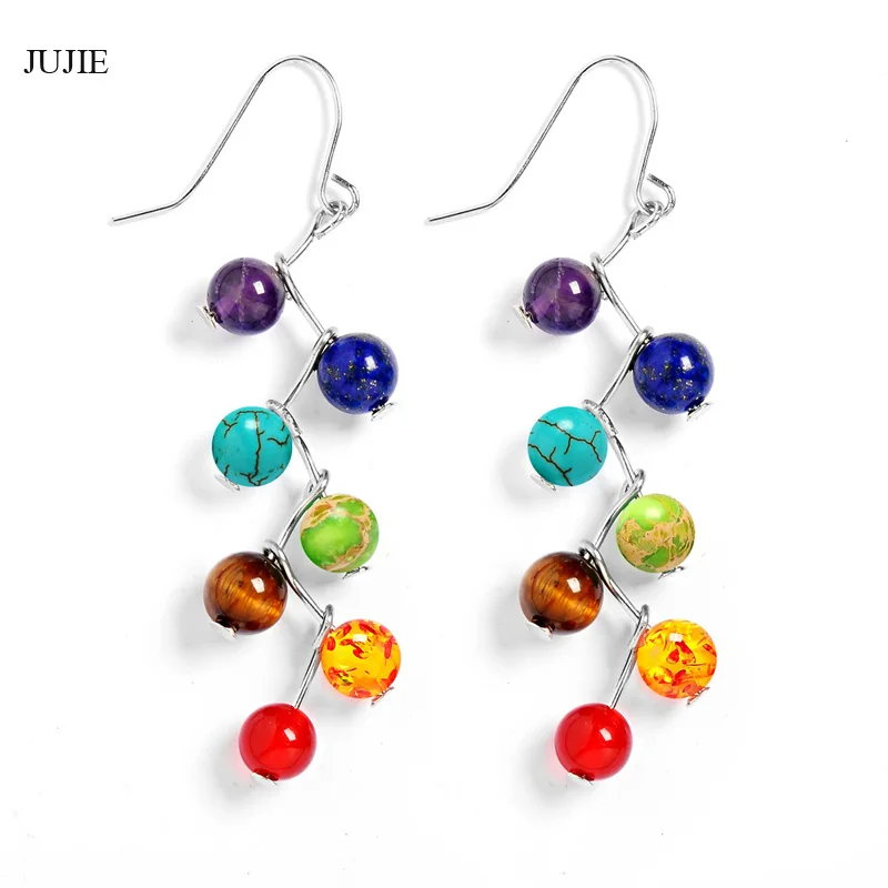 

JUJIE Long Stone Earrings Yoga Chakras Beaded Earrings Sparkling Jewelry Dropshipping