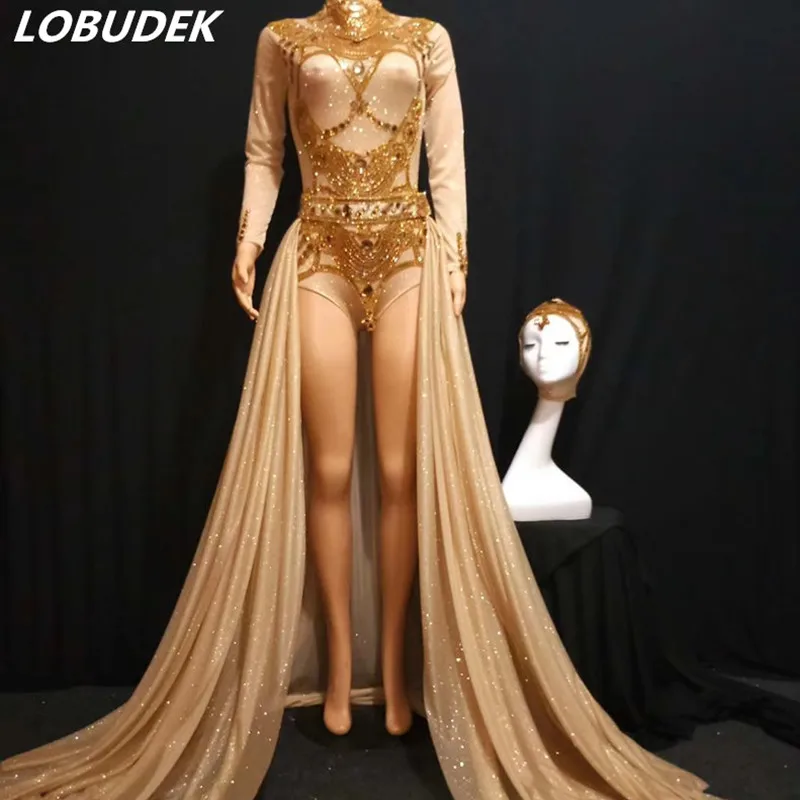 

Occident Queen Singer Stage Performance Costume Gold Rhinestones Bodysuit Long Trailing Headdress Dance Outfits Models Catwalk