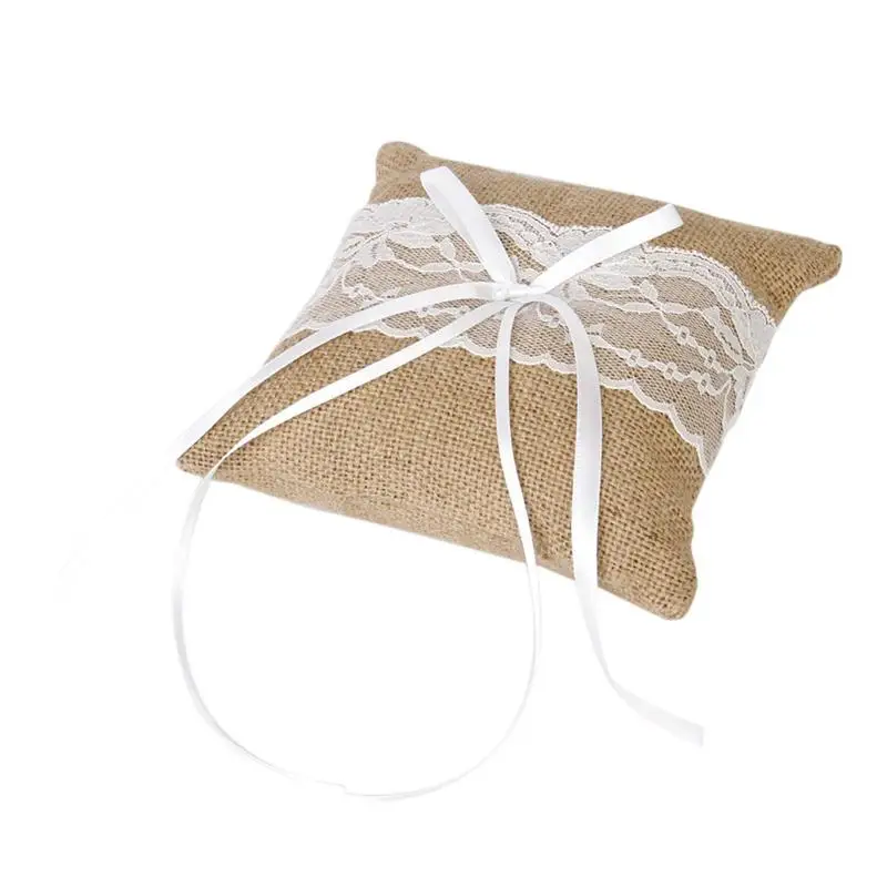 15*15cm Lace Bow Ring Pillow Vintage Burlap Jute Decoration Ring