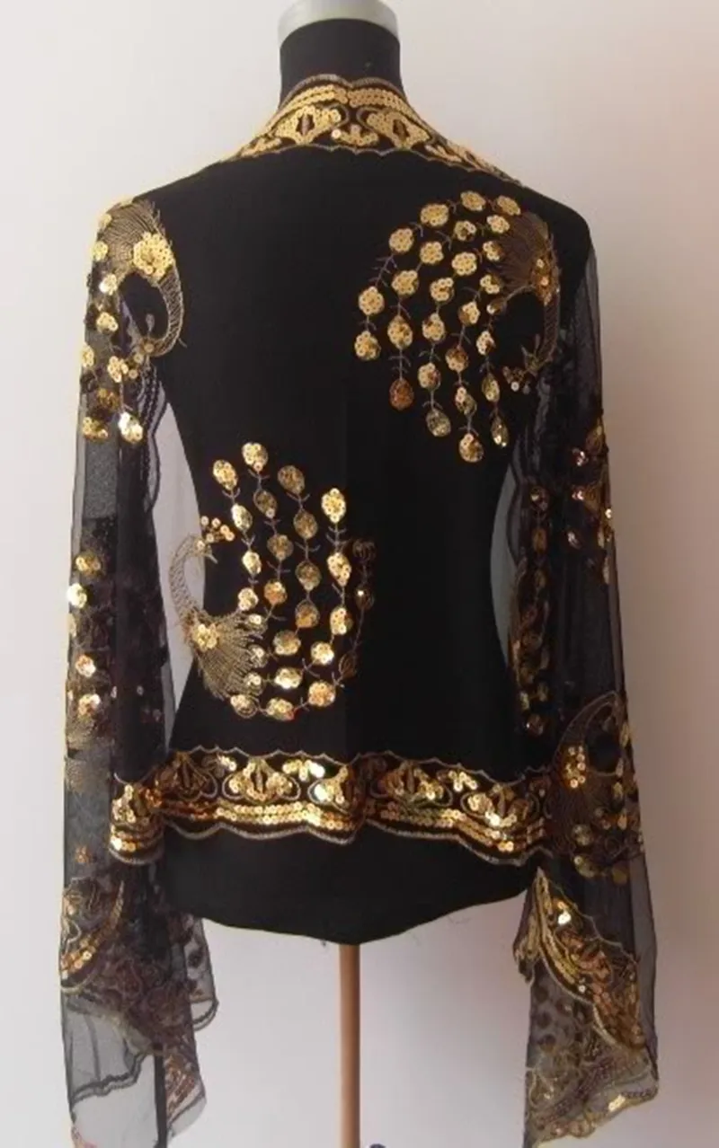 

New Chinese Women's Silk Polyester Sequin Embroider Shawl Scarf Wholesale and retail Lady's Peacock Flower Pashmina Black