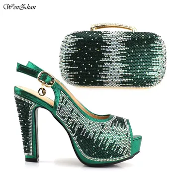 

Green Italian High Heel Shoes and Bags To Matches 12.5cm Decorated with Rhinestone Woman Italian Shoes In 5colors WENZHAN B93-1