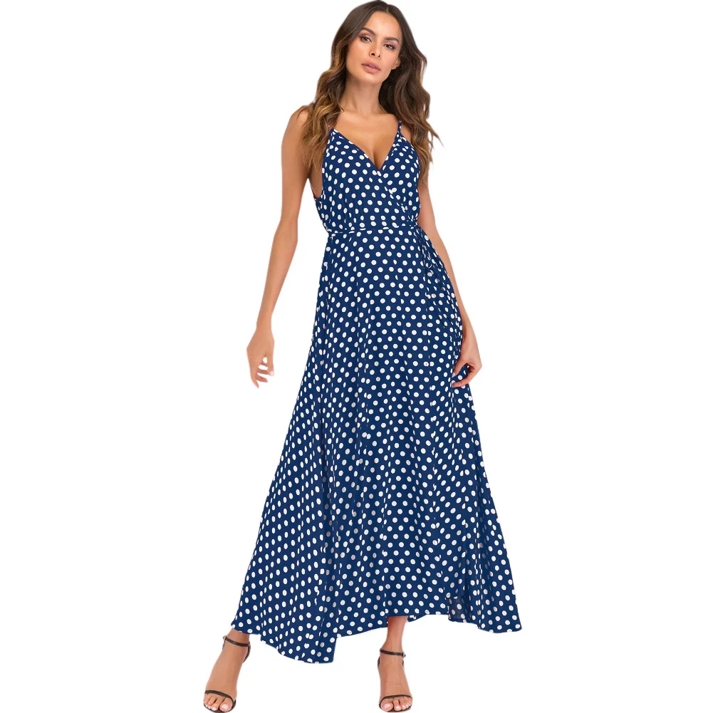 

Women Polka Dot Dress 2019 Summer Sexy Slip Maxi Dress High Split Spaghetti Strap V Neck Beach Long Dress Plus Size 3XL 4XL 5XL