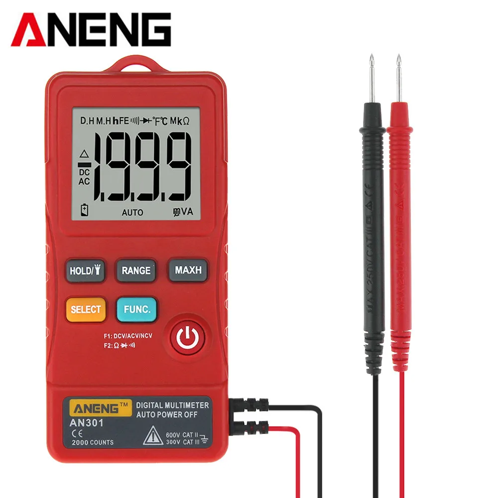 

ANENG AN301 Portable Mini Digital Multimeter 1999 Counts AC DC Voltmeter Ohm Voltage Frequency Meter with LED Light