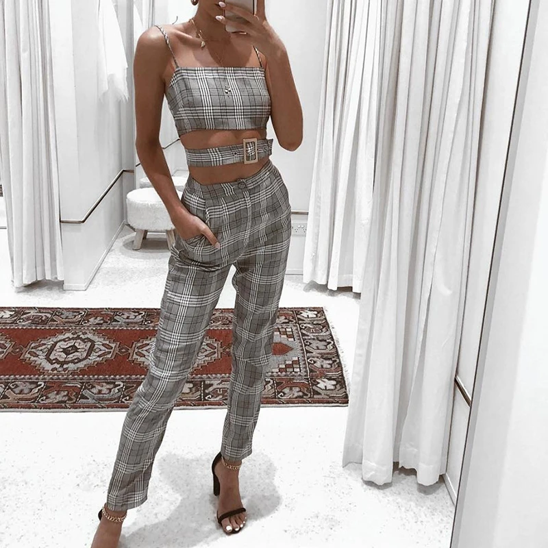 

Elegant Plaid Two Piece Set Crop Tops and Pants Women Bodycon Sets Summer 2 Piece Set Women Clothes for Women conjuntos de mujer