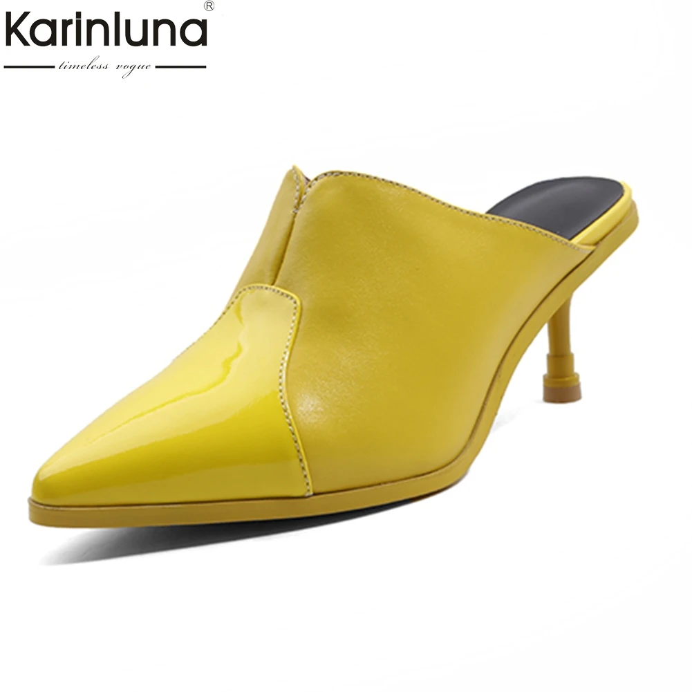 

KarinLuna 2018 Best Quality Genuine Leather Sheepskin Woman Mules Pumps Sexy Thin High Heels Pointed Toe women's Shoes