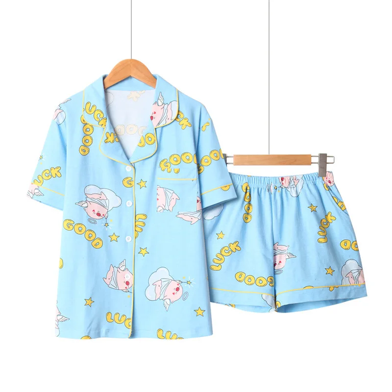 

Summer Women Short Sleeves Cotton Korean Loose Pajamas Cute Sweet Piggy Angel Print Shorts Pyjamas Loungewear Pijama Sleepwear