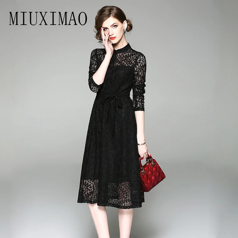 

2018 Spring & Summer New Arrival Fashion Casual A-Line Solid Stand Full Sleeve Hollow Out Lace Elegant Mid-Calf Dress Women