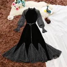 สีดำเซ็กซี่ชุดฤดูใบไม้ร่วงใหม่แฟชั่น Flare ตาข่าย Patchwork Mermaid Evening Vestidos สุภาพสตรีกำมะหยี่ชุดรันเวย์ f1255(China)