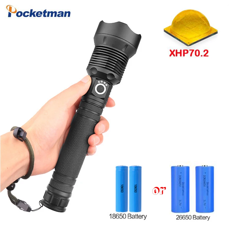 

Dark Star series XHP-70.2 LED most powerful led flashlight Zoom torch USE 18650 OR 26650 rechargeable battery Torch flashlight