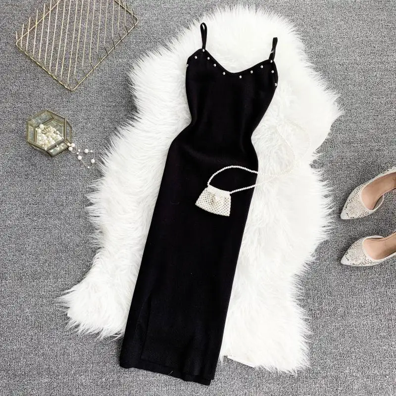 Online Euro Amerika Seksi V Leher Embun Kembali Kuku Manik manik, Tubuh Langsing, Rok dan Pantat Perawatan Mesin satu Langkah Rok Dress Rajutan Knit 2019
