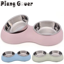 Розовая Нескользящая миска для домашних животных из нержавеющей стали, двойная миска для корма для собак, принадлежности для кормушки для домашних животных и кошек
