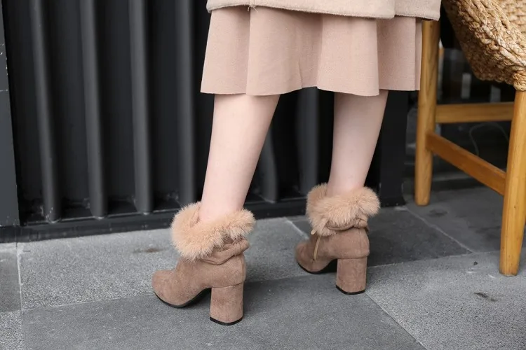 Womens Pointed Toe Booties Shoes Korean Bow Thick High Heel Large Size Fashion Ankle Boots Black Khaki Grey15