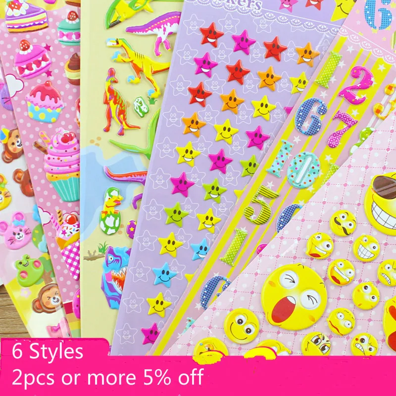 

Children Cute Animal Pattern Car Reward Sticker Smiling Face Cartoon Dinosaur Realistic 3D Bubble Notebook Stickers Kids Toy