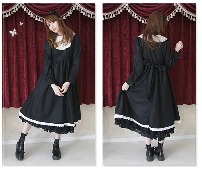 

Vintage Preppy Style Black Lolita Dress Sweet Peter Pan Collar Retro Mori Girl Elegant Dresses Large Size Women Female Vestidos