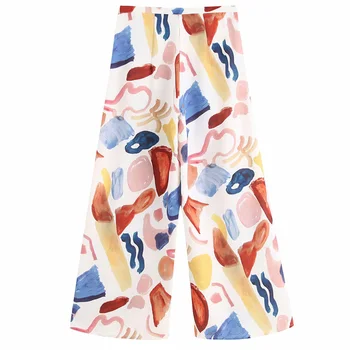

French retro elastic high waist drawstring graffiti wide leg thin thin satin casual pants women 2019 summer Female pants