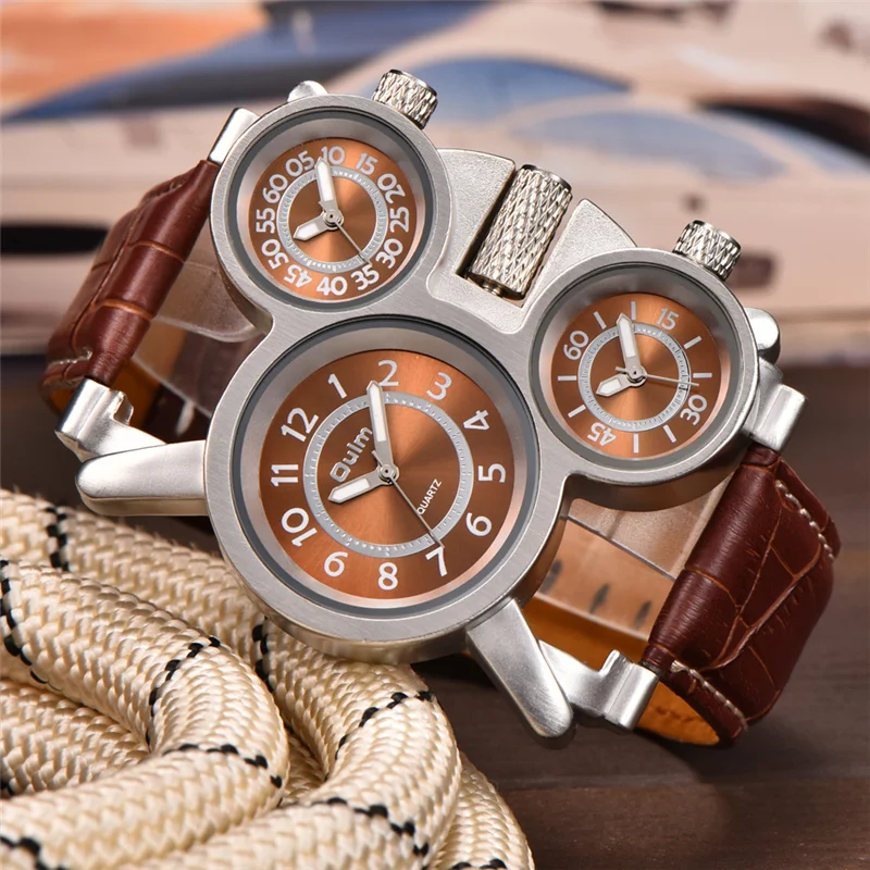 Kopen Dropshipping Merk Oulm Nieuwe mannen Horloges Casual Quartz Horloge Mannen Drie Dial Outdoor Sport Lederen Horloge relogio masculino