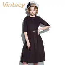 Vintacy 2017 vintage dress casual belt women dresse vestido 1950s vintage gray rockabilly dress autumn women party dresses