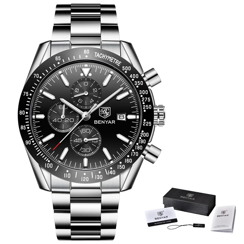 Часы мужские роскошные брендовые BENYAR мужские синие часы силиконовый ремешок наручные часы Мужские часы с хронографом мужские часы Relogio Masculino - Цвет: Steel Silve Black B