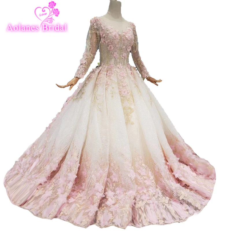 

Long Puffy Prom Dresses 2019 Long Sleeves Top Beaded Crystals Ball Gown Backless African Pink Lace Flowers Romantic Prom Dresses