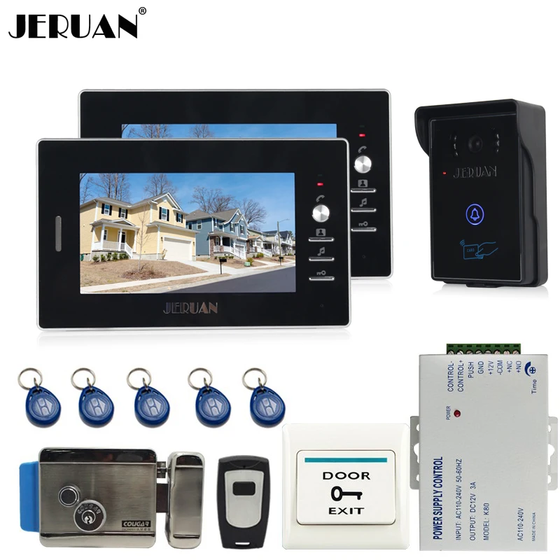 

JERUAN 7`` Video Intercom Entry Door Phone System 2 monitors +700TVL Touch Key Waterproof RFID Access Camera + Electronic lock