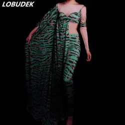 Печать зеленого цвета с стрейч Облегающий комбинезон женский для выступления певца танцевальное шоу костюм сексуальная бар этап одежда