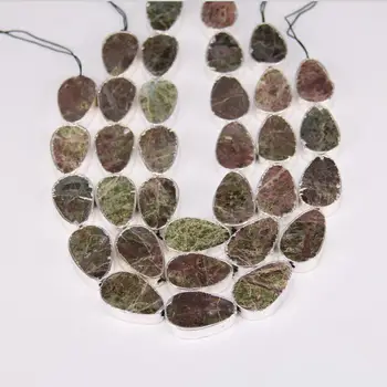 

11pcs strand 20x30mm Coated Silver Plated Edged Unakite Loose Beads for Necklace,Drilled Stones Flat Teardrop Shape DIY Bracelet